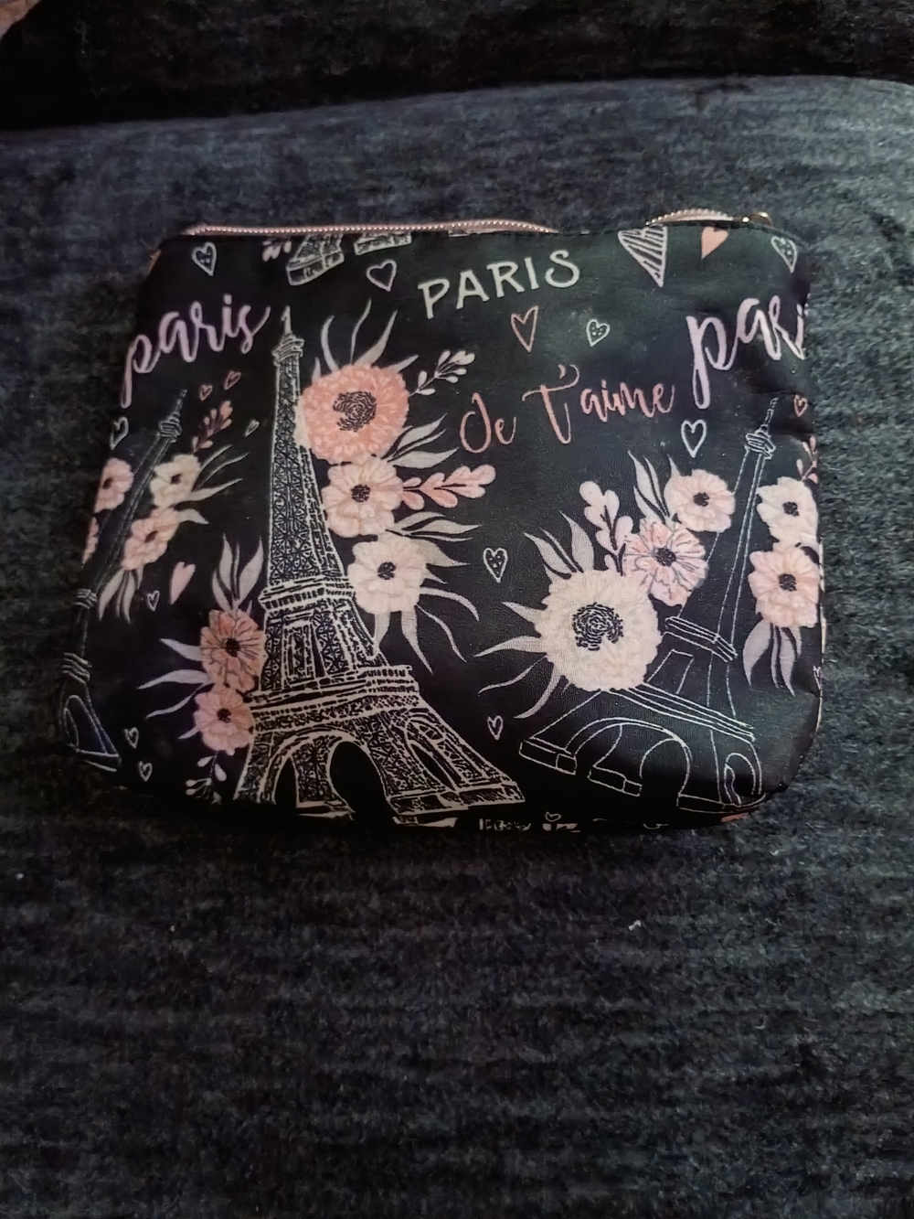 Black Floral Paris Cosmetic Pouch with Pink Accents